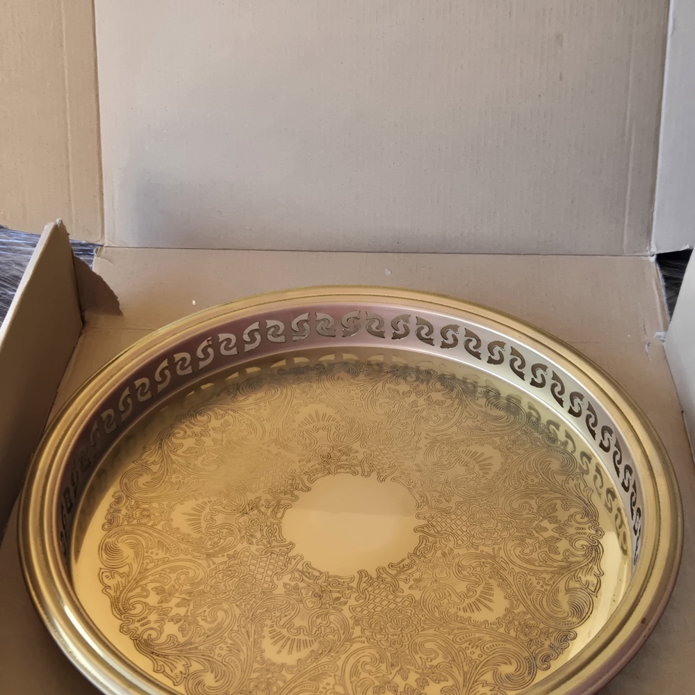 Vintage MCM Etched Round Brass Tray 12” Diameter Makeup Countertop Hong Kong